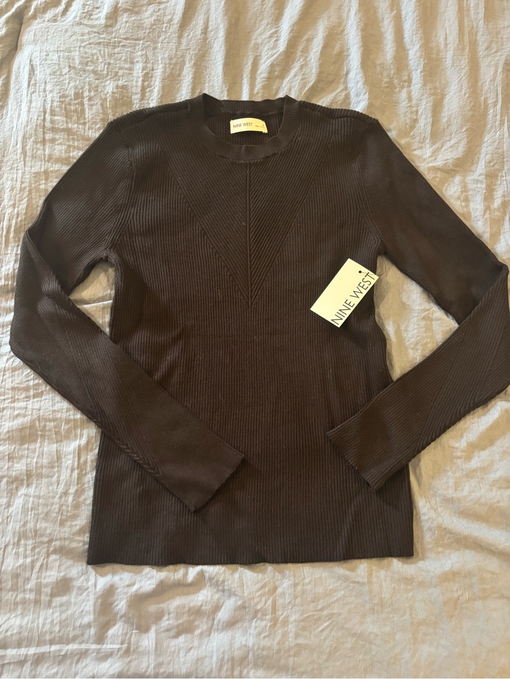 Nine West Ribbed Crewneck Sweater in Dark Brown